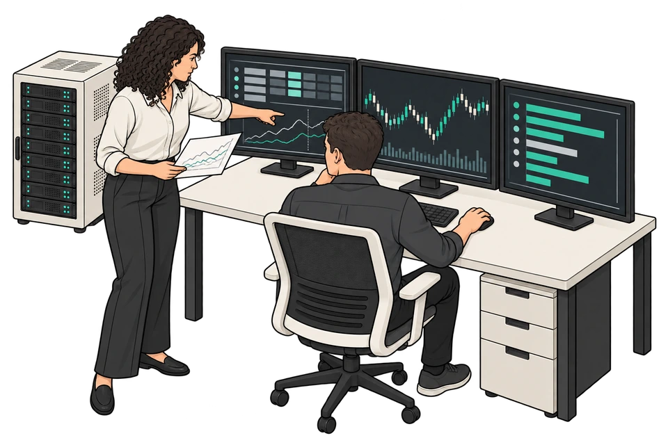 A quant researcher and trader review model tests, market charts, and portfolio exposures on managed infrastructure