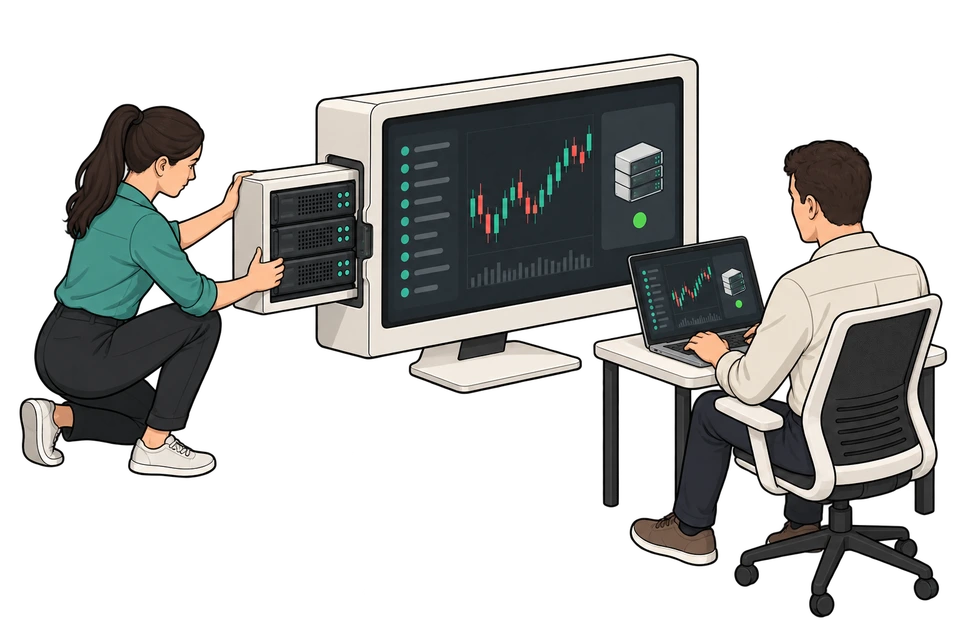 A developer integrates hosting into a trading platform that a customer uses as one service