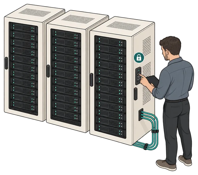 An infrastructure engineer checking access at a locked server rack