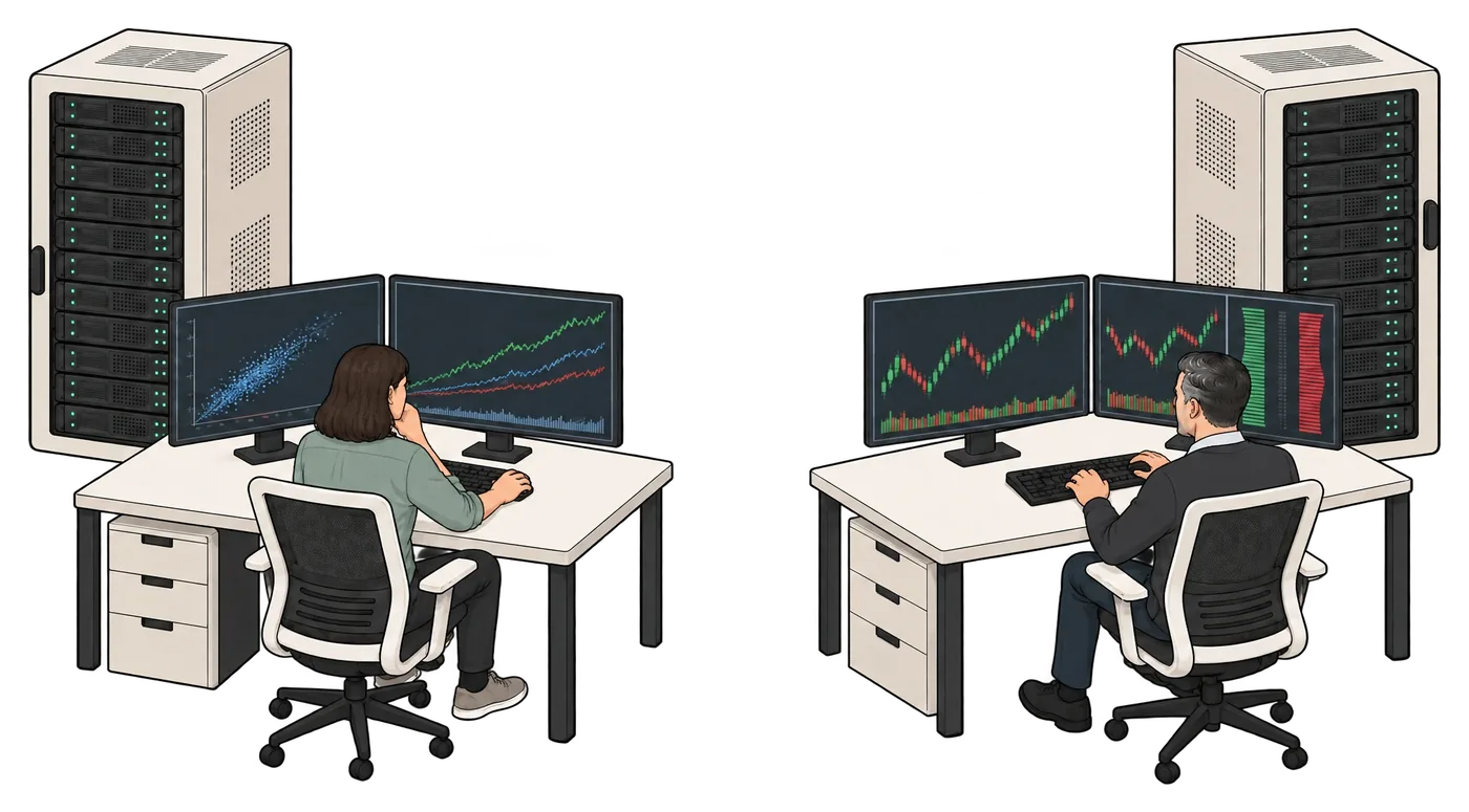 A quant researcher with backtest charts and a storage rack, beside a separate trader desk with live charts and its own server rack