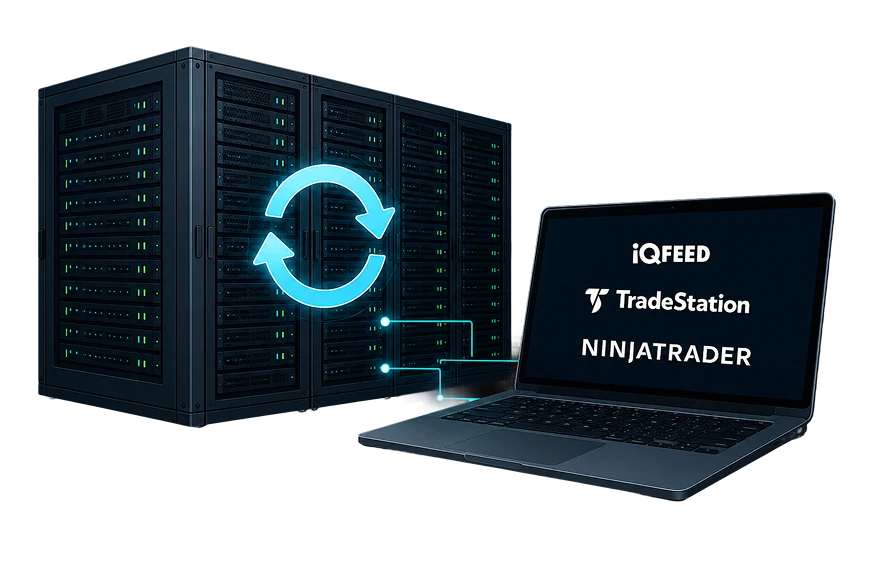 Hibernation snapshot illustration showing a laptop preserving NinjaTrader and TradeStation configurations