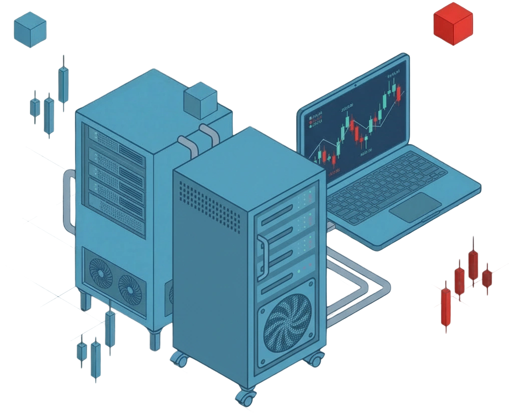Isometric illustration of dedicated rack servers beside a laptop showing live trading charts