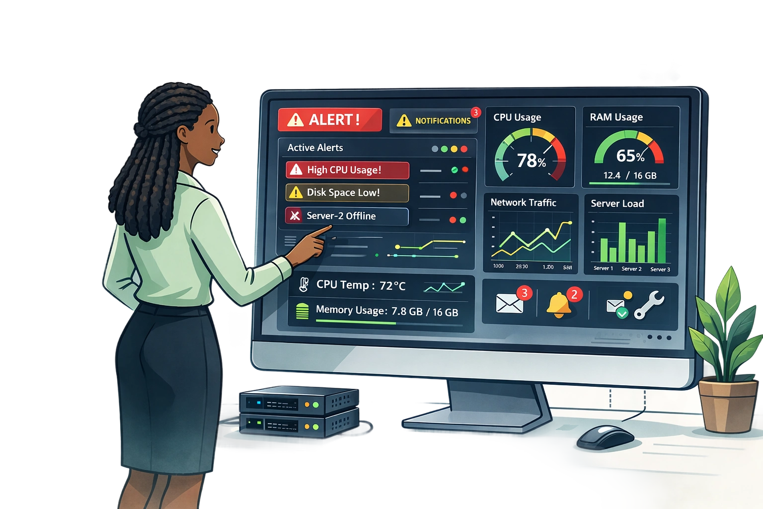 ServerIQ monitoring dashboard showing CPU, RAM, and network metrics