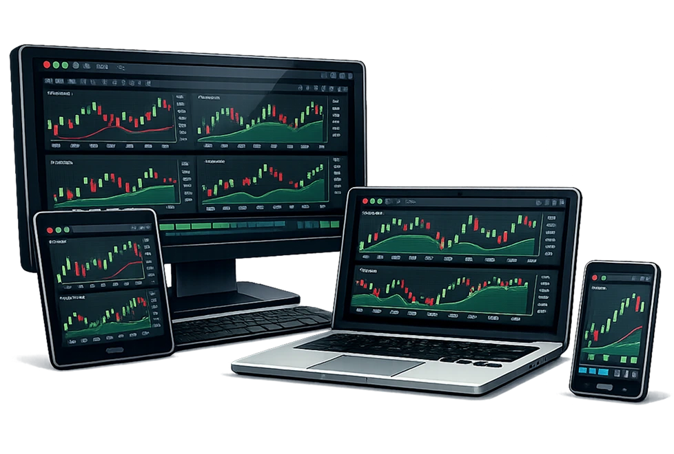 Trading platforms shown across multiple devices